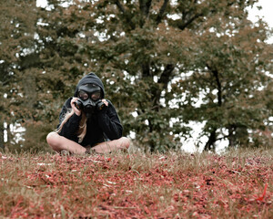 Child Wearing Gas Mask Outside