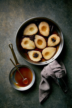 Poached Pears with Caramel Sauce Overhead Shot
