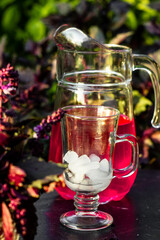 Glass with ice on a dark table with decanter full of purple basil coctail background. Picnic in thу summer garden with trees and leaves.