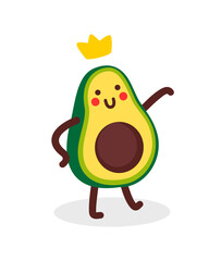 Vector illustration of cute happy character green and yellow avocado with smile and crown on white color background