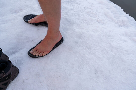 Barefoot Man Outdoors At Winter