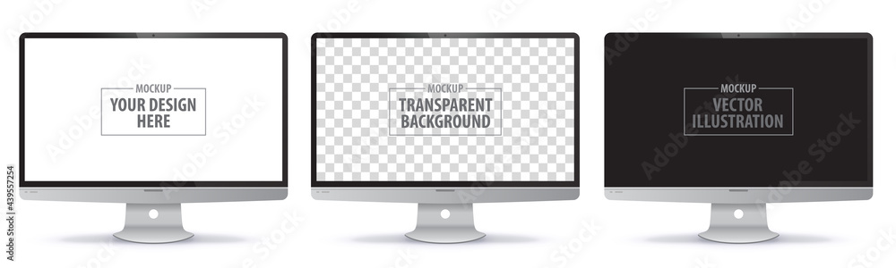 Aufkleber computer monitor vector mockup with white, transparent and black screens. realistic desktop pc displ