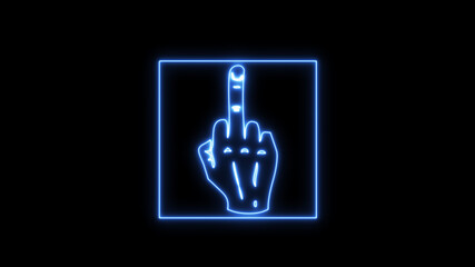 Fuck you, fuck off, provocation gesture neon sign fluorescent light glowing on black background. Symbol obscene fuck you by neon lights.  Royalty high-quality free stock of hand, middle finger