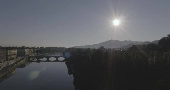 Aerial footage drone view of River in Turin italy Torino Mole view // no video editing
