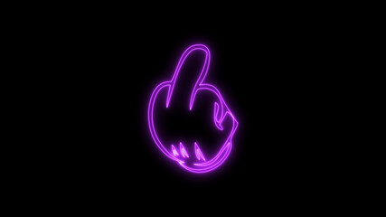 Fuck you, fuck off, provocation gesture neon sign fluorescent light glowing on black background. Symbol obscene fuck you by neon lights.  Royalty high-quality free stock of hand, middle finger