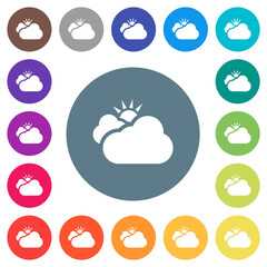 Strongly cloudy weather flat white icons on round color backgrounds