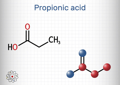 Propanoic acid, propionic acid molecule. It is short-chain saturated fatty acid, antifungal drug, antimicrobial agent E280. Structural chemical formula, molecule model. Sheet of paper in a cage