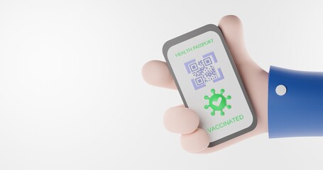 Cartoon friendly hand holds a phone with a health passport. horizontal banner with copy space. covid 19 vaccination certificate. 3d render illustration