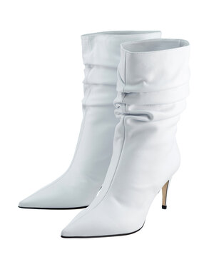 Snow - White Leather Demi-season Women's Boots Of Medium Length, With High Thin Heels, Isolated On A White Background.