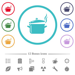 Steaming glossy pot with lid flat color icons in circle shape outlines