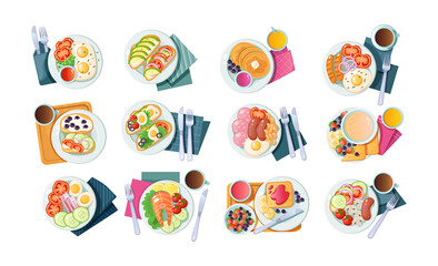 Collection of morning healthy food top view. Set classic breakfast dish tasty fresh brunch