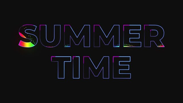 Dance party in 80s style. Summer time text animation. Glowing neon lights. Retrowave and synthwave style. Intro text. Vj animation for night clubs, LED screens and projectors, music videos