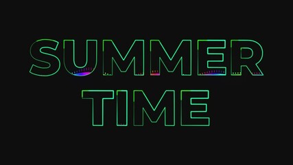 Dance party in 80s style. Summer time text animation. Glowing neon lights. Retrowave and synthwave style. Intro text. Vj animation for night clubs, LED screens and projectors, music videos