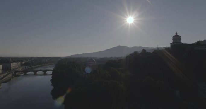 Aerial footage drone view of River in Turin italy Torino Mole view // no video editing
