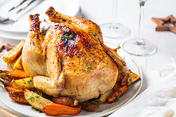 Christmas baked whole chicken stuffed with thyme, lemon and vegetables. © vaaseenaa
