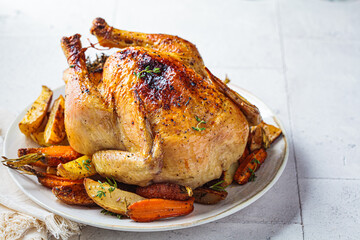 Baked whole chicken stuffed with thyme and lemon with vegetables.