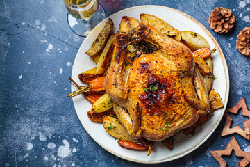 Christmas baked whole chicken stuffed with thyme, lemon and vegetables. Christmas food, holiday dish, decorated background.