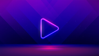 Play button on abstract purple and blue background. Multimedia, audio, video, cinema, music abstract background with neon glowing triangle Play Icon. image.