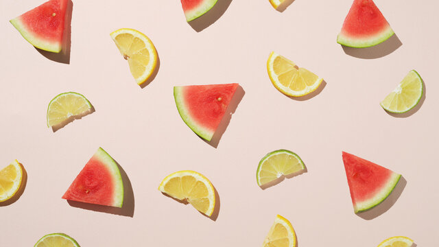 Playful composition of mixed fruit Lemon, Lime and Watermelon