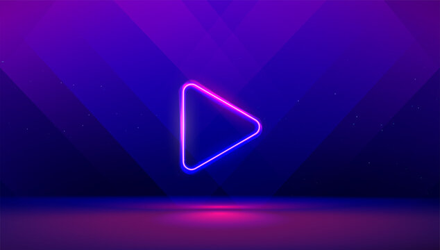 Play button on abstract purple and blue background. Multimedia, audio, video, cinema, music abstract background with neon glowing triangle Play Icon. image.