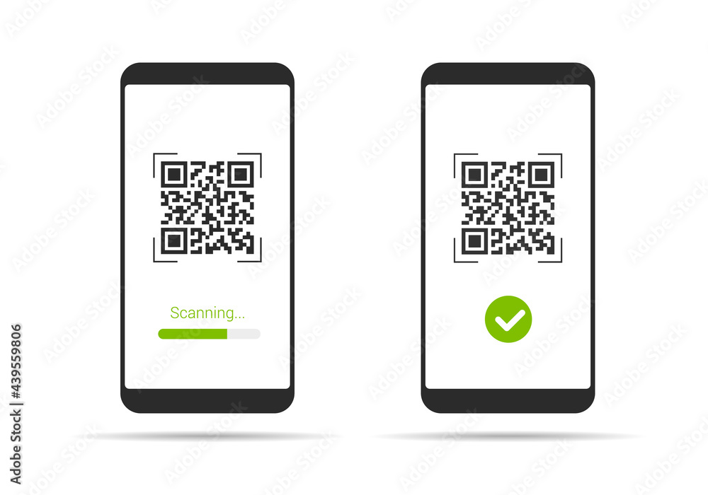 Poster flat design illustration of smartphone with touch screen and qr code scanning icon. isolated on whit