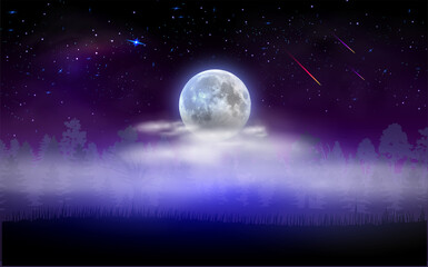 Forest land scape with full moon hidden by clouds. Magical starry night. illustration.