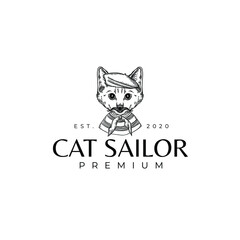 Cat Sailor With Hat And Mustache Drawing Logo Illustration Vector Template Icon