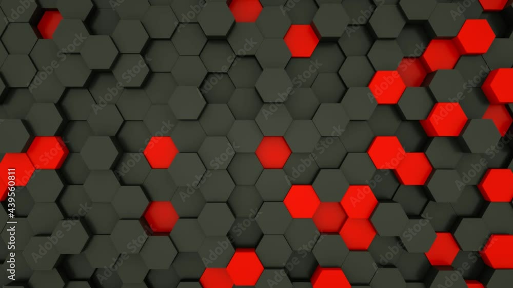 Sticker Black and red hexagon modules in random waving motion. Abstract technology, data and engineering motion background. 4K seamless loop. 3D rendering.