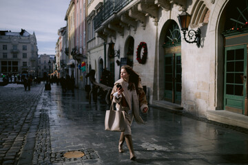 Girl strolling in city centre 