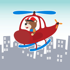 Cartoon illustration of a cute bear on a helicopter. Creative vector childish background for fabric, textile, nursery wallpaper, poster, card, brochure. and other decoration.