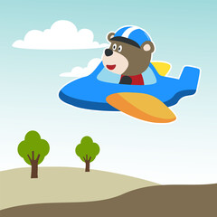 Cute bear flying in airplane cartoon hand drawn vector illustration. Can be used for t-shirt printing, children wear fashion designs, baby shower invitation cards and other decoration.