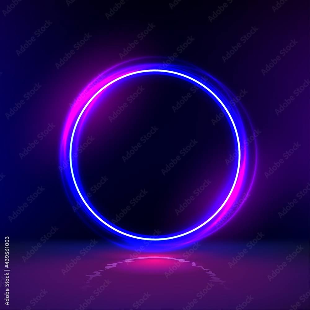 Aufkleber neon gloving ring in dark room. round light frame for text. dark abstract furistic background with c