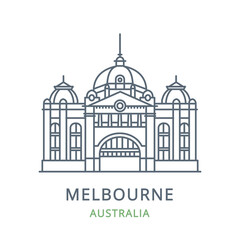 Melbourne city, Australia. Line icon of the famous and largest city in Victoria. Outline icon for web, mobile, and infographics. Landmark and famous building. Vector illustration, white isolated. 