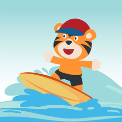 Surfing time with cute little tiger at summer. Can be used for t-shirt printing, children wear fashion designs, baby shower invitation cards and other decoration.