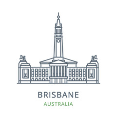 Brisbane city, Australia. Line icon of the famous and largest city in New Queensland. Outline icon for web, mobile, and infographics. Landmark and famous building. Vector illustration, white isolated - obrazy, fototapety, plakaty