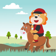 happy cute lion riding cute horse. Can be used for t-shirt printing, children wear fashion designs, baby shower invitation cards and other decoration.