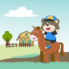 happy cute bear riding cute horse. Can be used for t-shirt printing, children wear fashion designs, baby shower invitation cards and other decoration.
