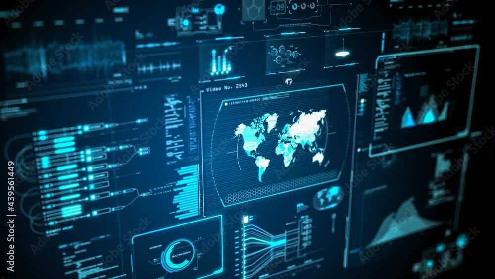 Poster 3d animation of blue futuristic high tech elements - world map information hud with hologram display