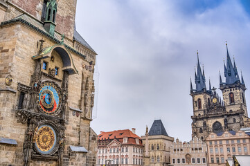 Obraz premium The Astronomical Clock - Prazsky orloj - on the Old Town City Hall in Old Town Square in Prague, Czechia
