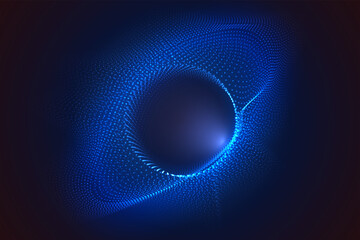 Glowing circles from dots with depth of field effect. Black hole, sphere, circle. Music, science, technology particles background.