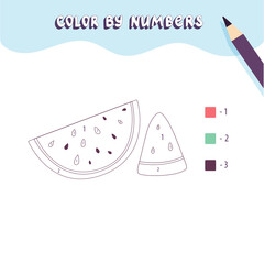 Coloring page with cute slices of watermelon. Color by numbers. Educational kid game, drawing childrens activity, printable worksheet.