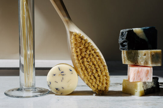 Bamboo bath brush and natural soap