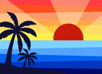 Illustration of a sunset. Summer art. Colorful sunset