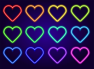 neon colored hearts set. isolated elements glow in the dark line of red, blue, yellow, green and turquoise, pink heart shape, love symbol on dark blue background for design template. The effect of neo