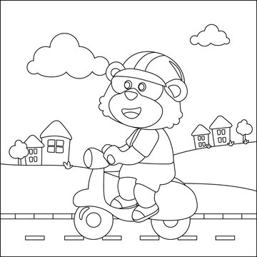 Cute little lion Riding scooter, funny animal cartoon,vector illustration. Childish design for kids activity colouring book or page.