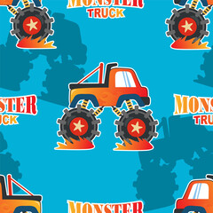 Seamless pattern vector of monster truck with cartoon style. For fabric textile, nursery, baby clothes, background, textile, wrapping paper and other decoration. © Hijaznahwani