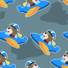 Seamless pattern vector of cute bear flying in airplane cartoon hand drawn vector illustration. For fabric textile, nursery, baby clothes, background, textile, wrapping paper and other decoration.