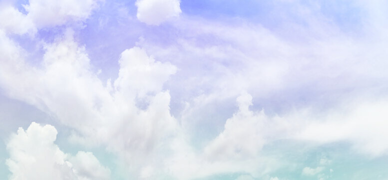 panorama blue sky background with white cloud.Fantasy cloudy sky with pastel gradient color, nature abstract image use for background.