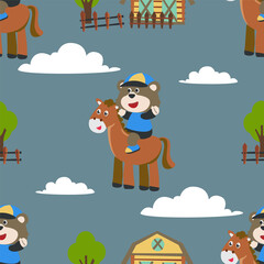 Seamless pattern vector of happy cute bear riding cute horse. For fabric textile, nursery, baby clothes, background, textile, wrapping paper and other decoration.