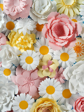 Light colored pattern of paper cut flowers in soft lighting